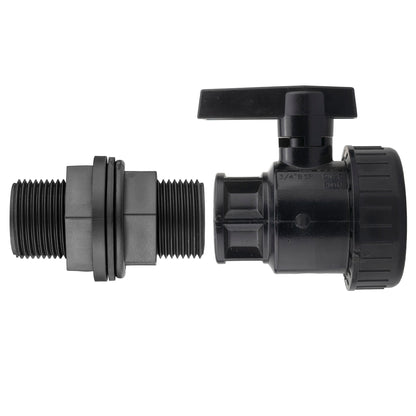 Black 3/4" BSP water butt fitting with full-flow PP valve and lever handle
