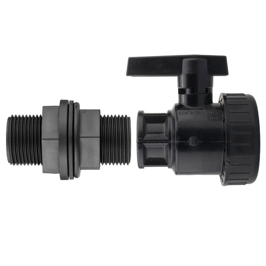 Black 3/4" BSP water butt fitting with full-flow PP valve and lever handle