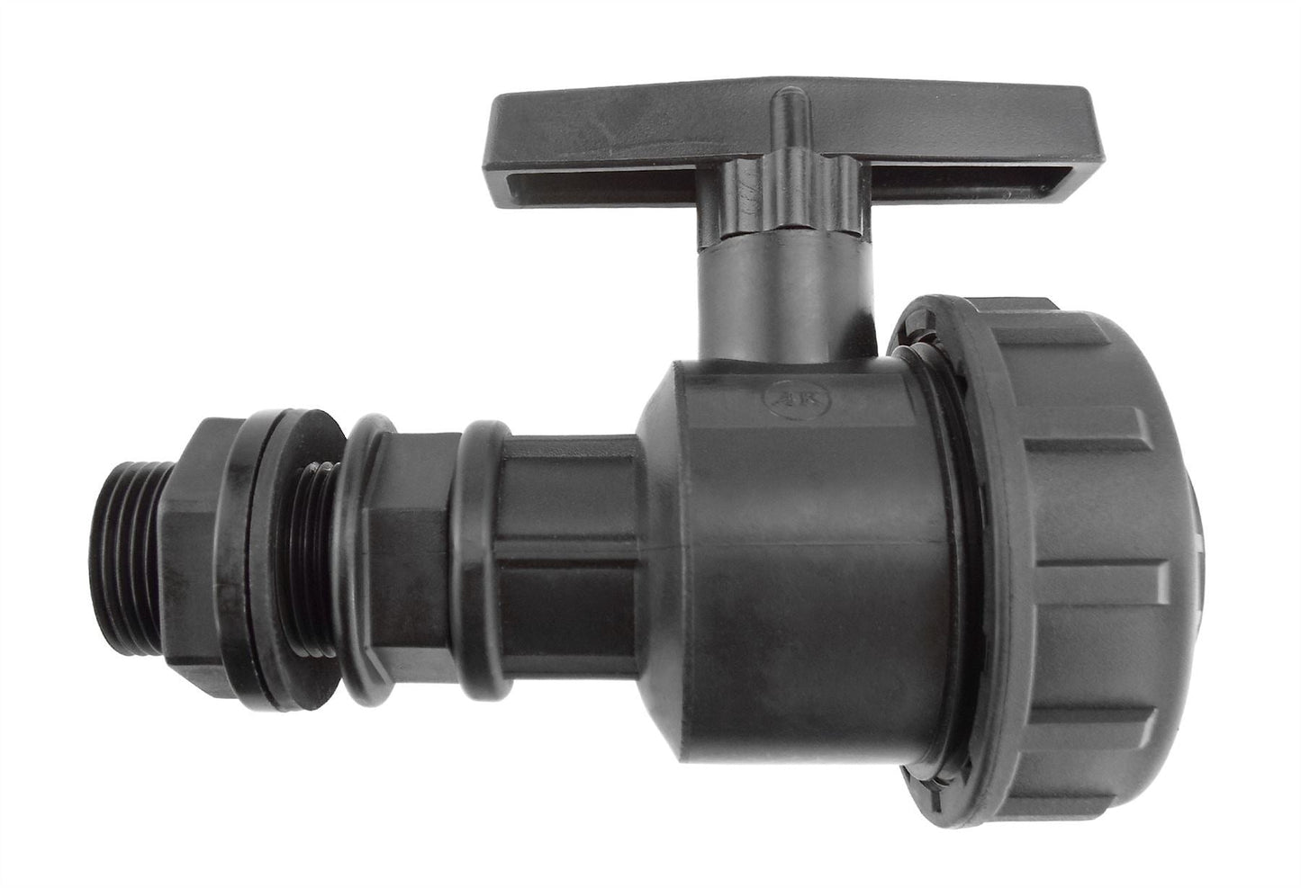 ¾" BSP full-flow PP valve fitting, showing threaded connections and valve body