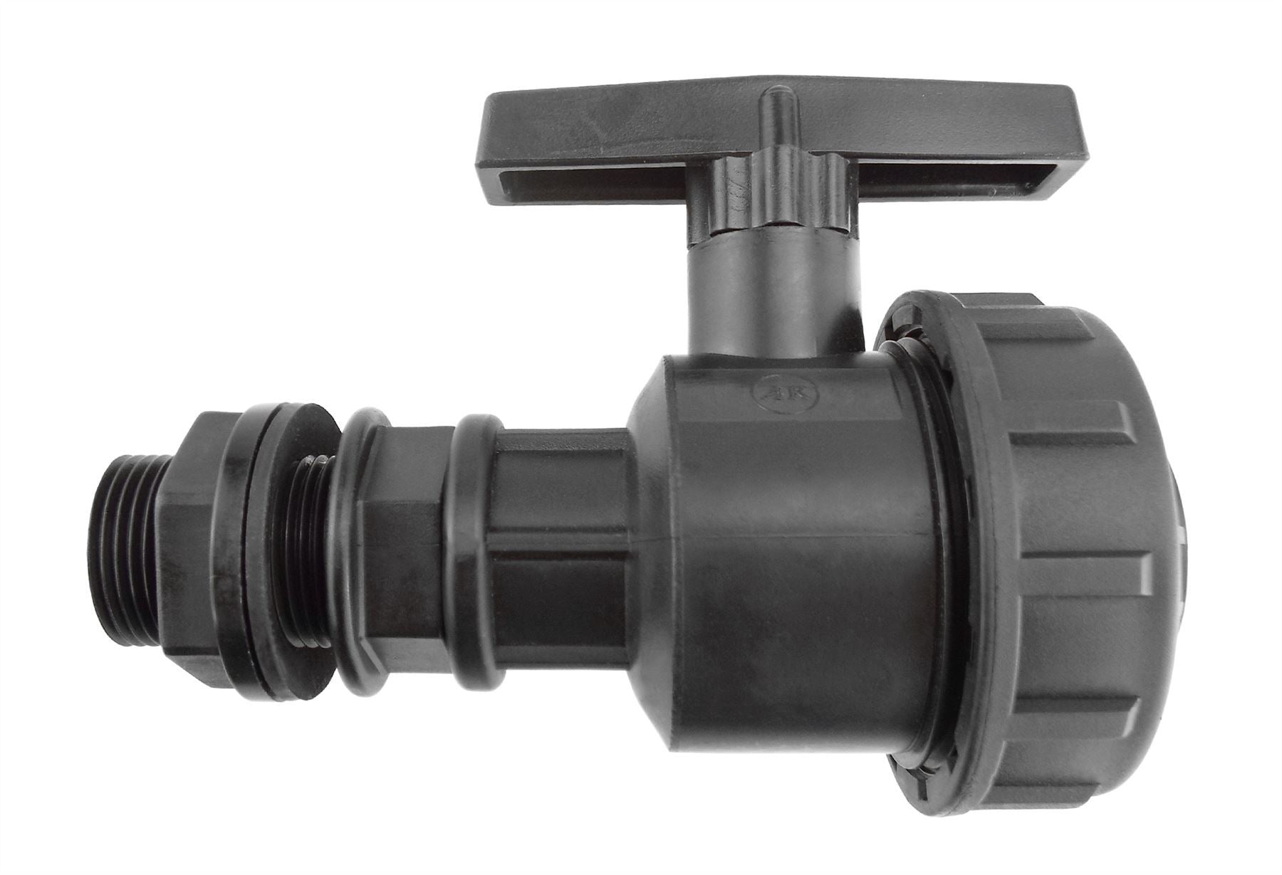 ¾" BSP full-flow PP valve fitting, showing threaded connections and valve body