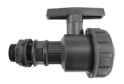¾" BSP full-flow PP valve fitting, showing threaded connections and valve body