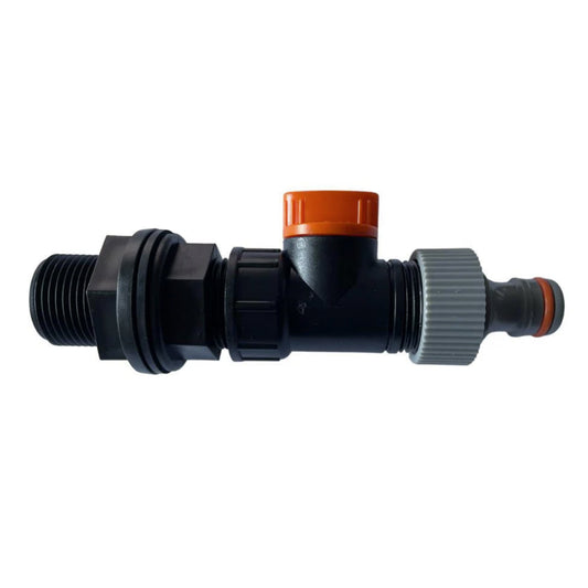 Water butt kit 3/4" valve with male snap-on fitting, black and orange