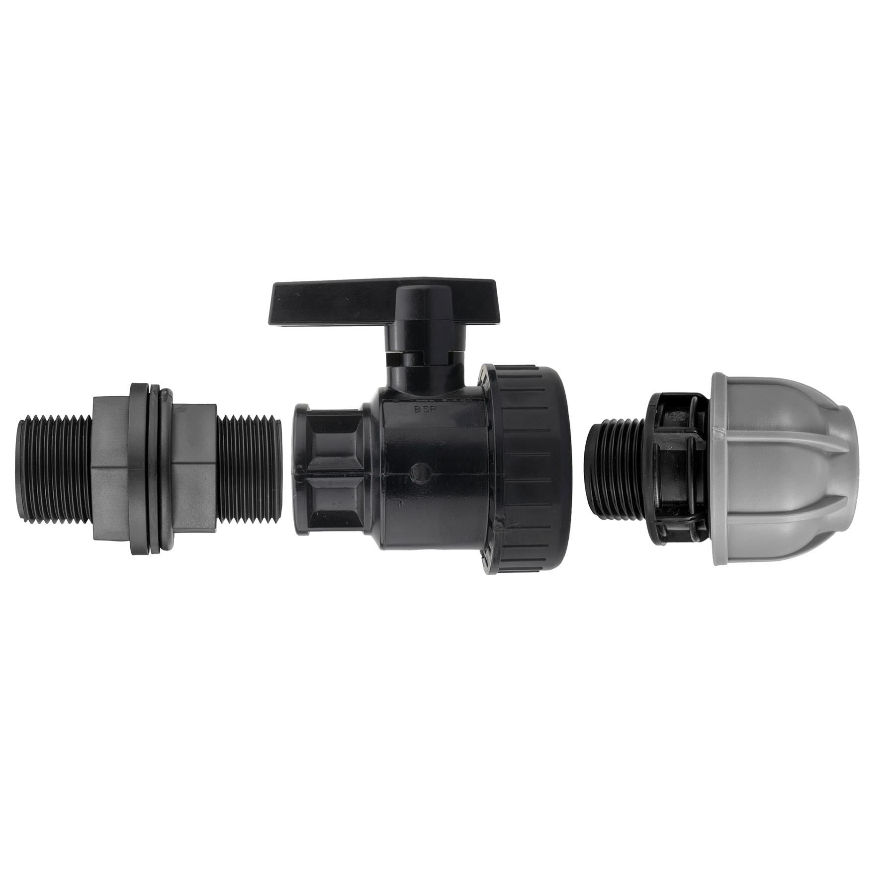 ¾" BSP water butt fitting with full-flow PP valve and 25mm MDPE connector