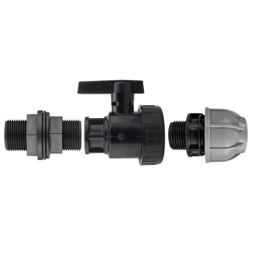 ¾" BSP water butt fitting with full-flow PP valve and 32mm MDPE connector
