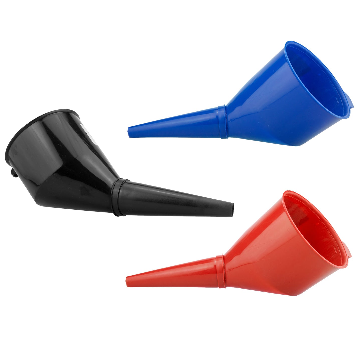 Angled car fuel funnels with filter in black, red and blue