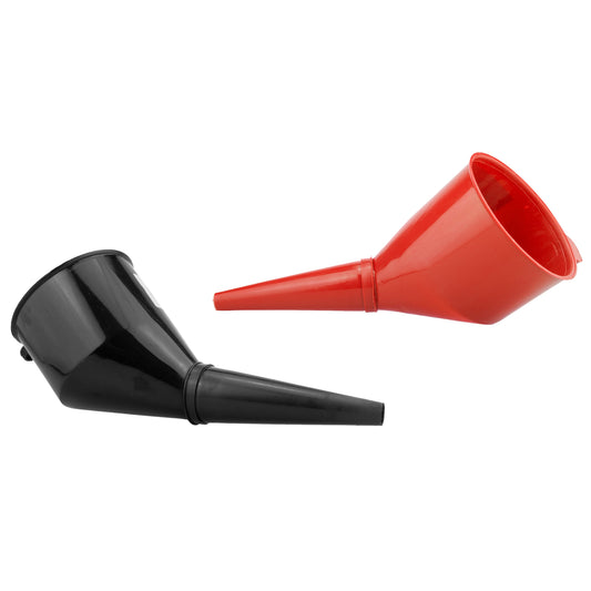 Angled car fuel funnel, black spout and red funnel