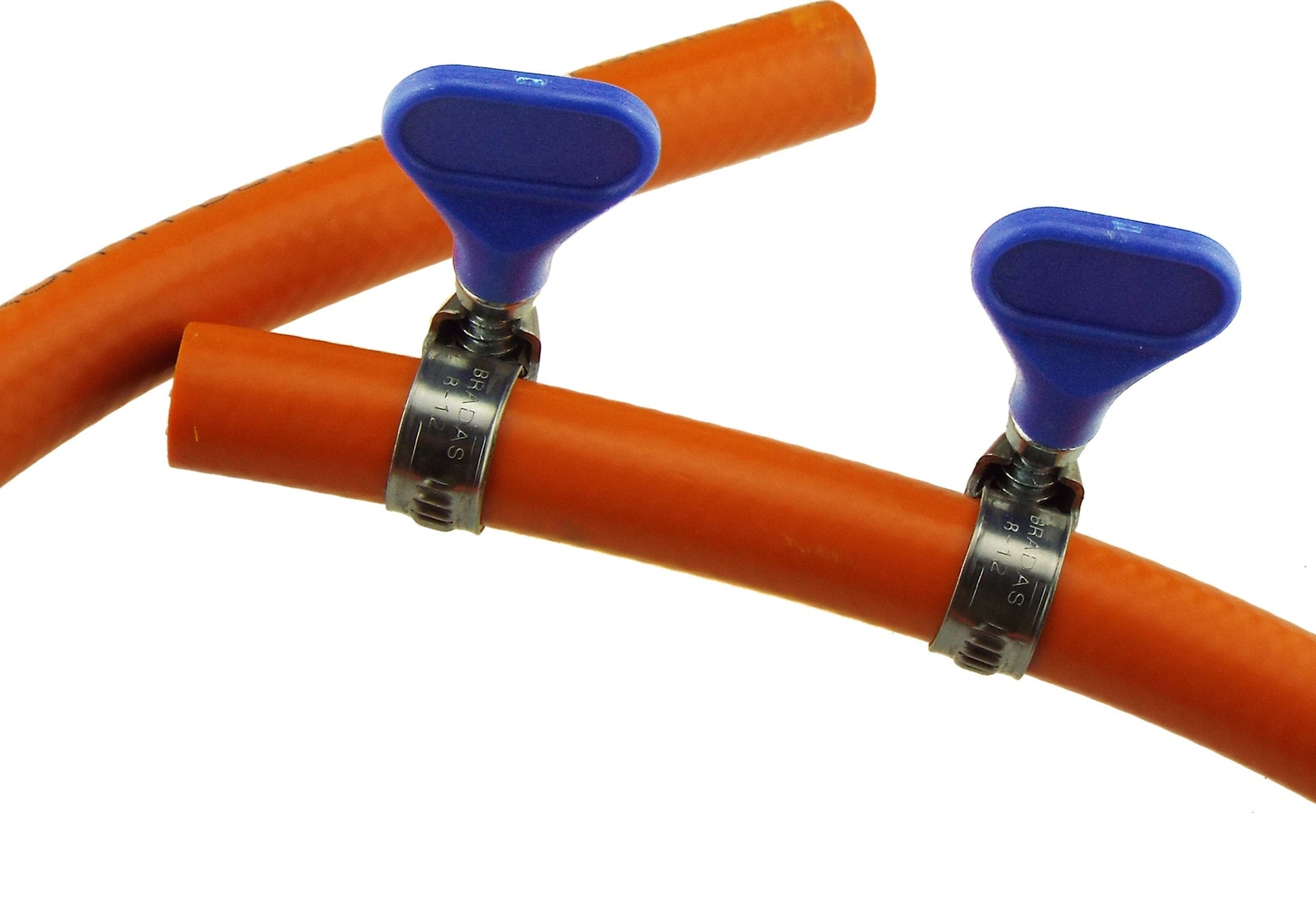 A2 grip hose clip on orange hose, clamp fits 8mm–12mm