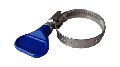 A2 Grip Hose Clip 20–35mm, blue grip with metal tightening band