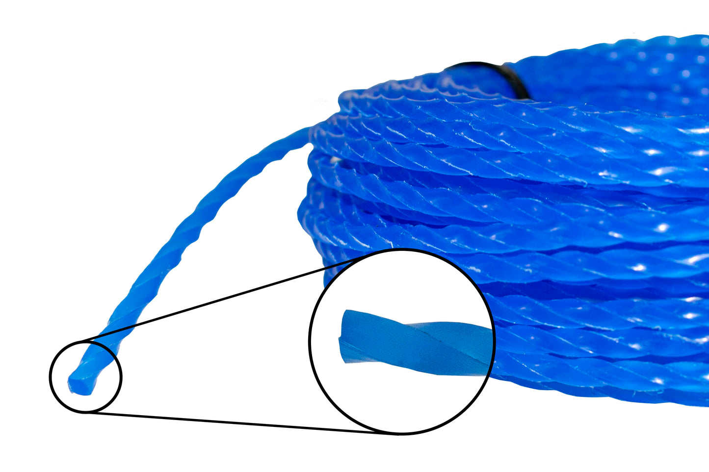 Blue twisted strimmer line close-up showing twisted groove detail
