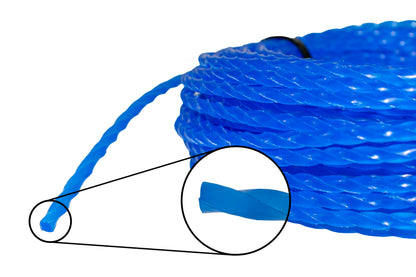 Blue twisted strimmer line close-up showing twisted groove detail
