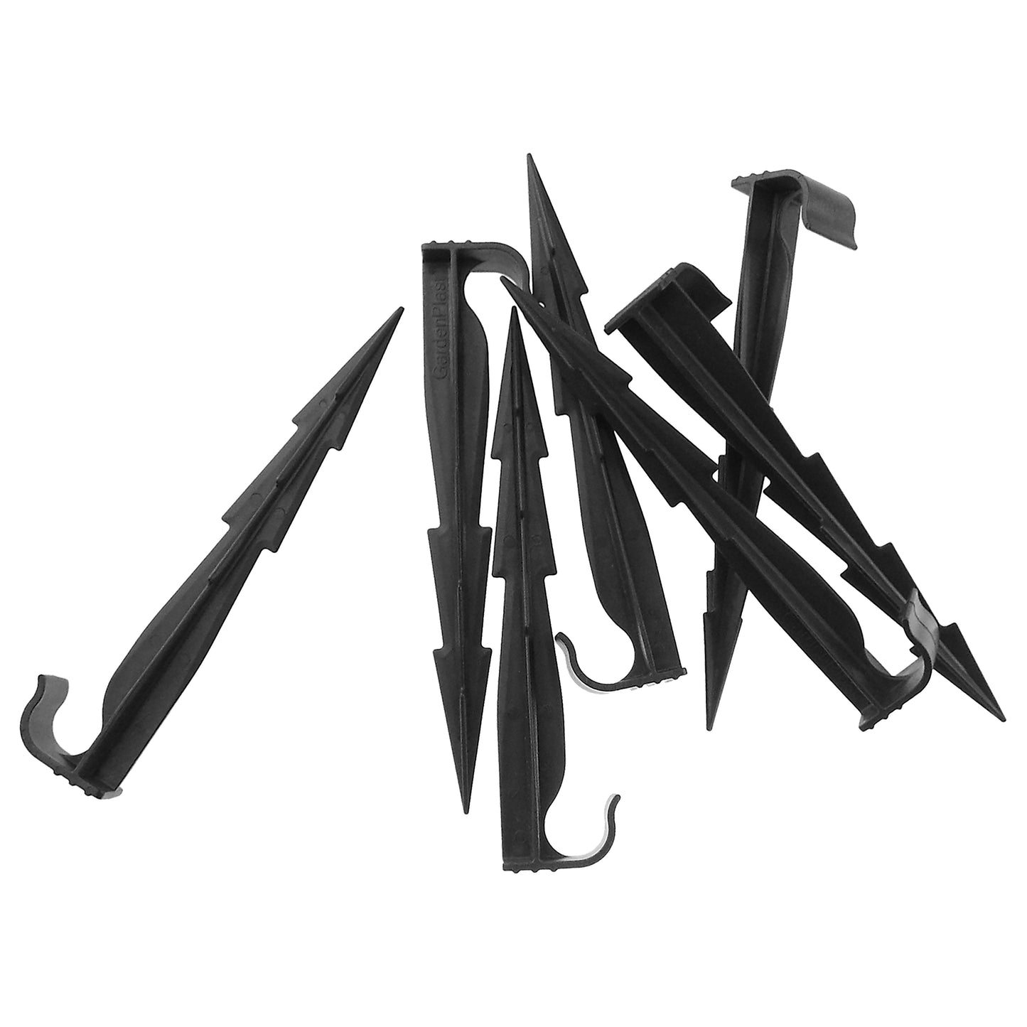 Assorted black ground stakes with U-clips and pointed anchors for 16mm irrigation pipe