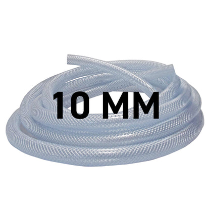 Clear braided PVC pipe with “10 MM” marking, light blue translucent, 10mm x 1.6mm