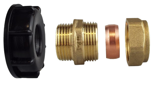 IBC cap with brass compression straight connector and copper seal ring, 1" BSP