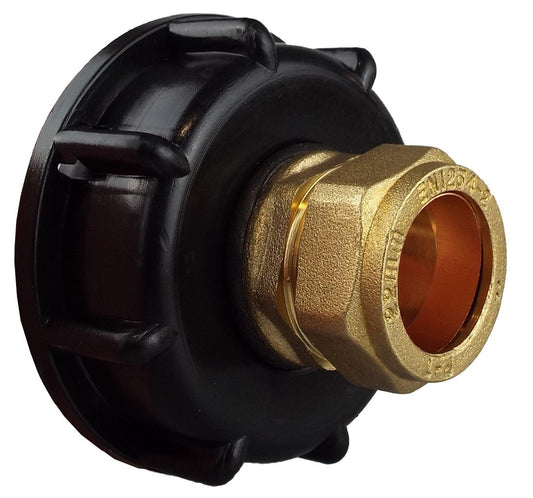 Black IBC cap with brass compression straight connector, 22mm, 3/4in BSP