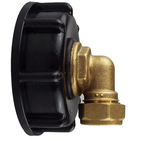 Black IBC cap with brass compression elbow; 2in S60x6 to 3/4in BSP thread
