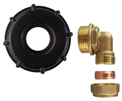 IBC 2'' S60X6 cap with brass compression elbow, 1'' BSP, black seal ring