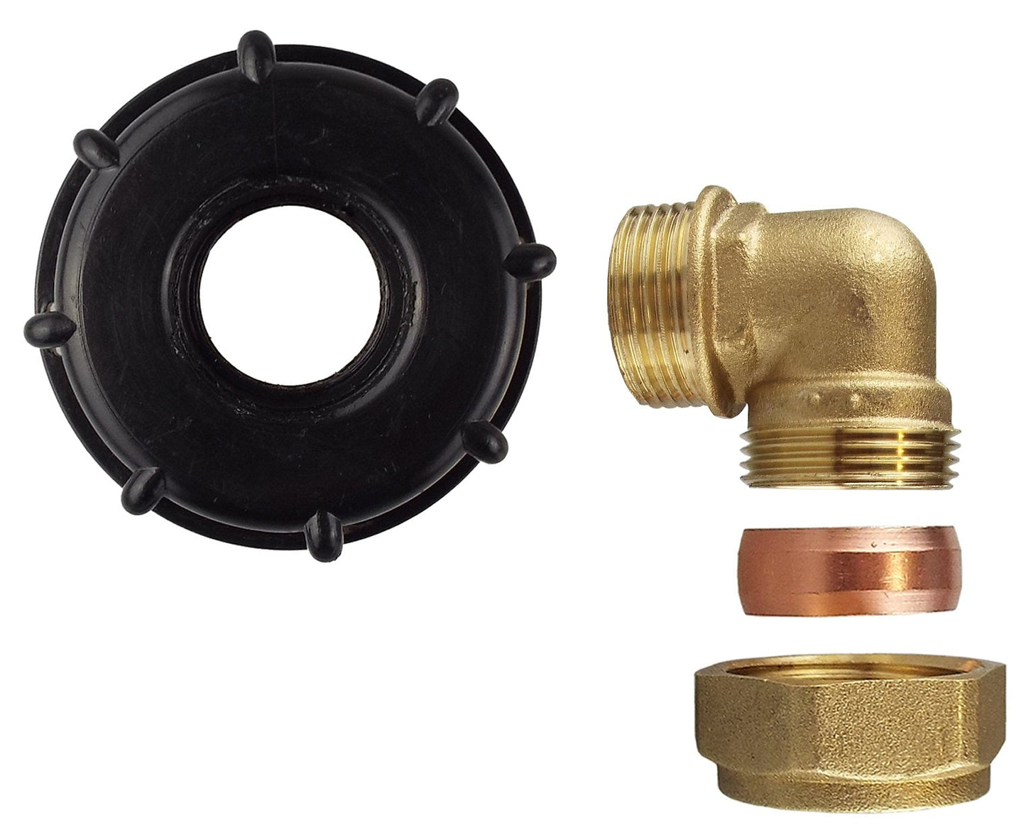 Black IBC cap with brass 1'' BSP compression elbow fitting and copper sealing sleeve