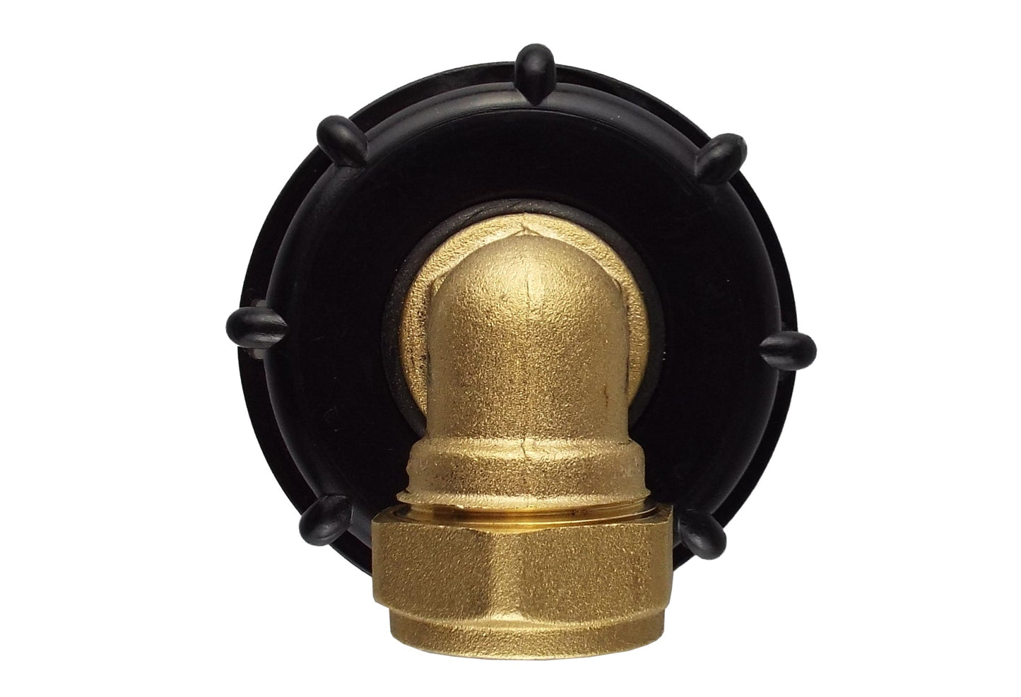 Front view of brass fitting on IBC cap with black locking ring and clips