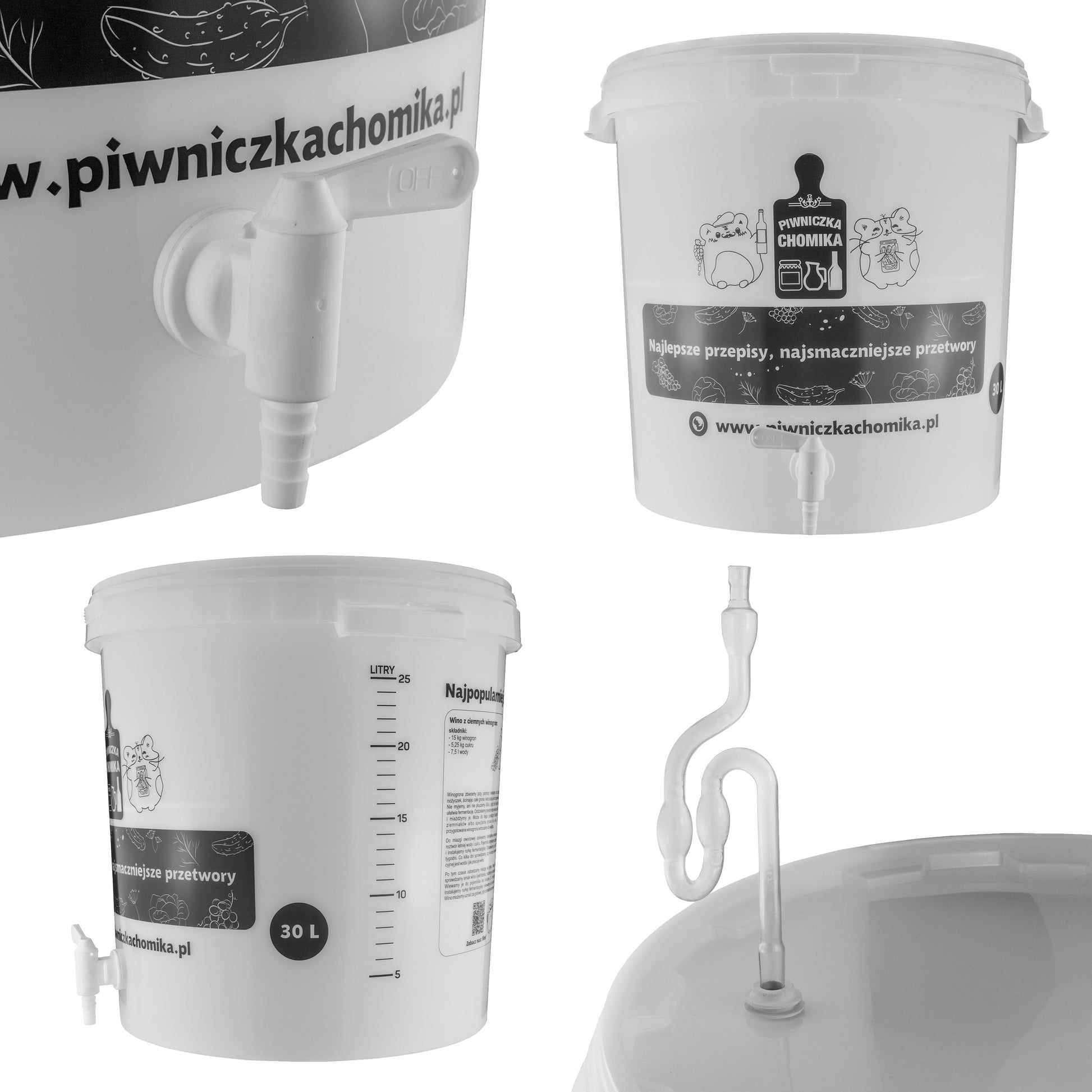 Home Brew Bucket 30L z kranikiem i bocznym uchwytem, widok z boku