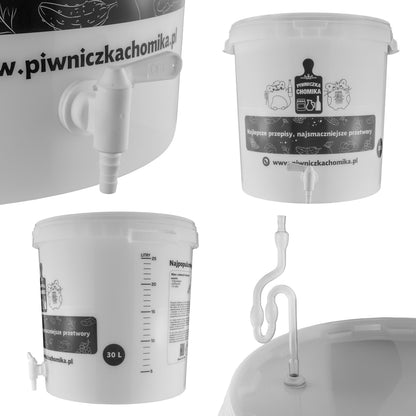 Home Brew Bucket 30L z kranikiem i bocznym uchwytem, widok z boku