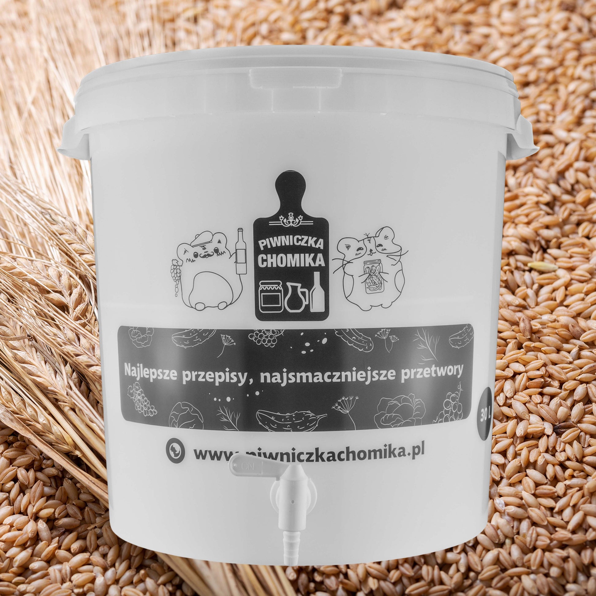 Home Brew Bucket 30L z kranikiem, przód z logo i podziałką na ściance