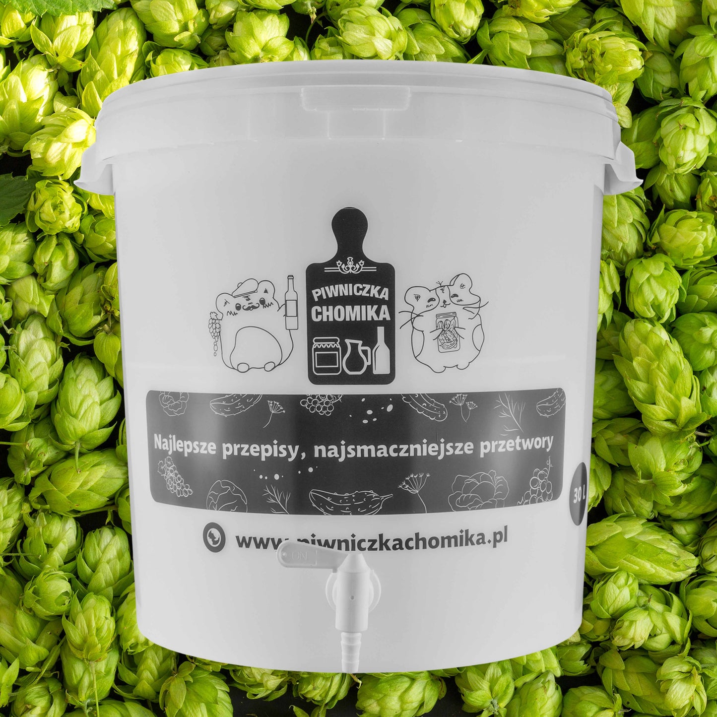 White 30L fermentation bucket with tap and printed front label