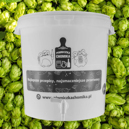 White 30L fermentation bucket with tap and printed front label