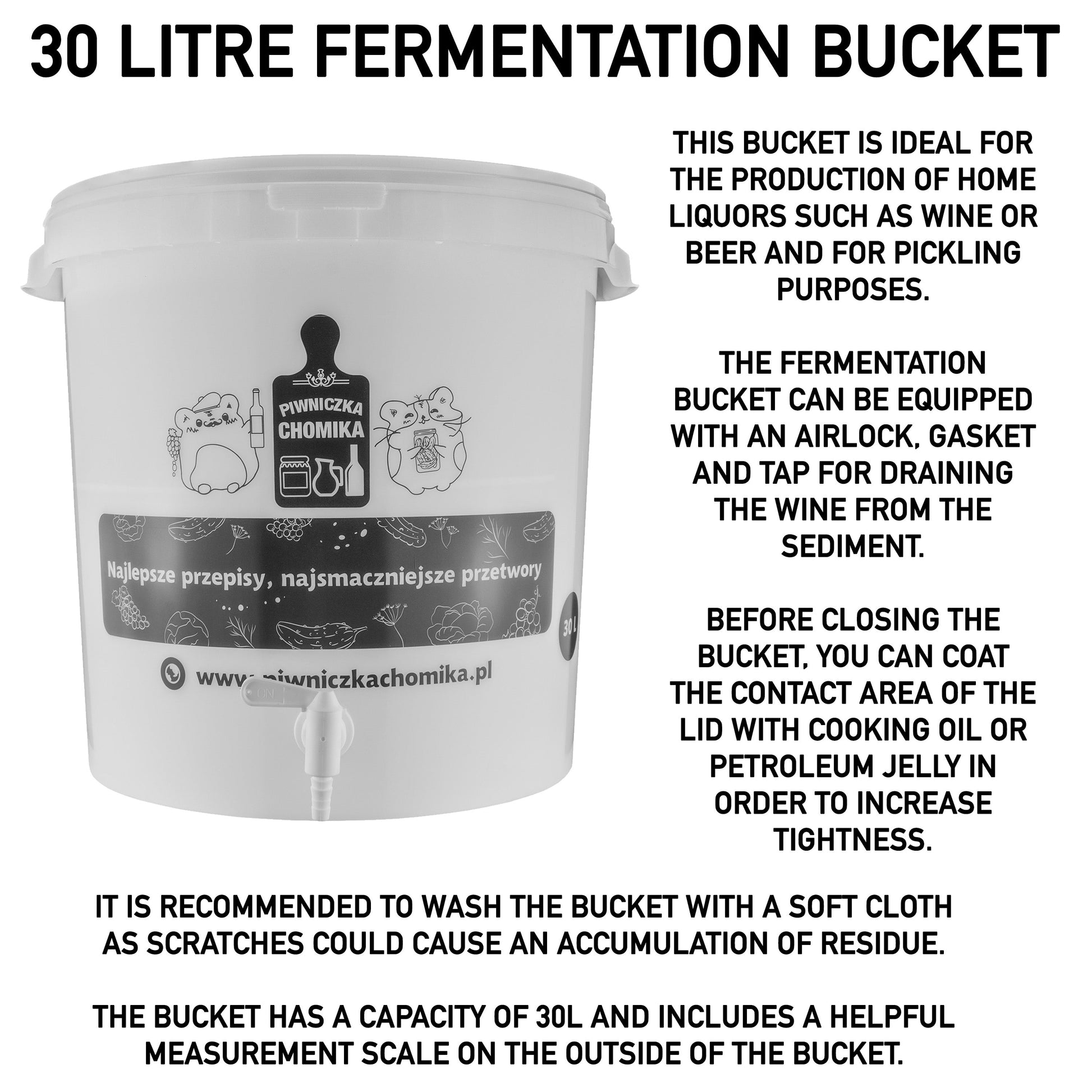 Home Brew Bucket 30L z kranem, zbliżenie na wylot do spuszczania