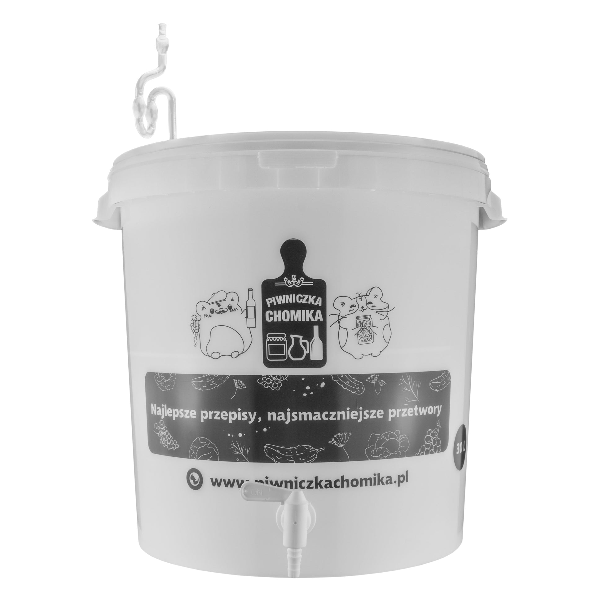 30L homebrew bucket with tap spigot, front view