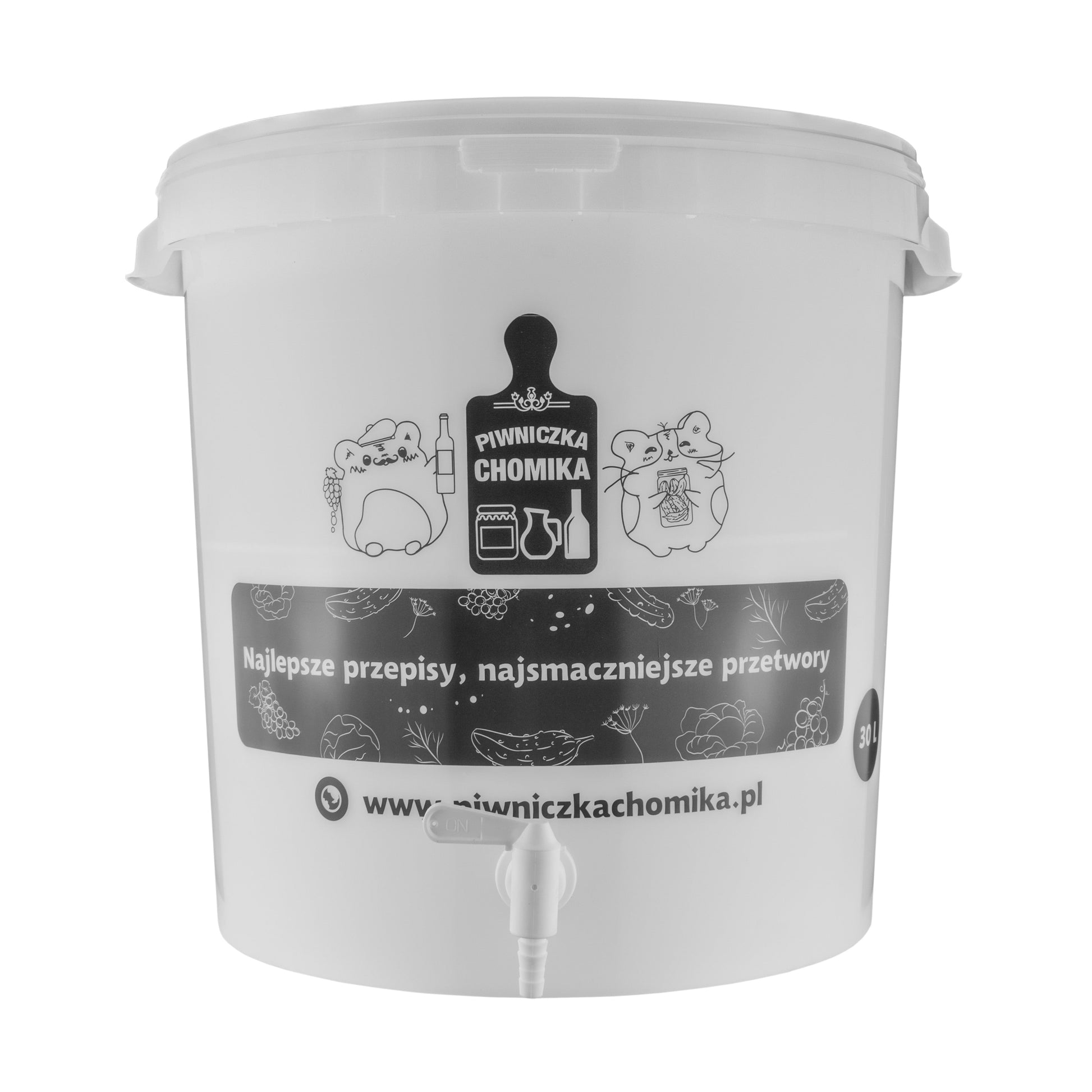 Home Brew Bucket 30L z kranikiem, przód z grafiką i tekstem na wiadrze