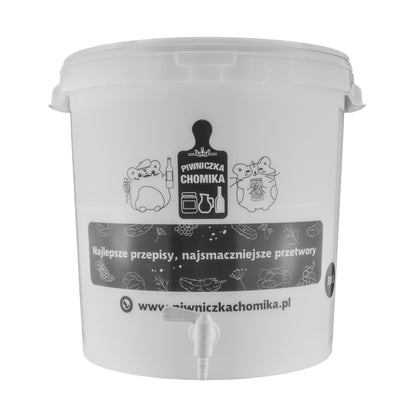 Home Brew Bucket 30L z kranikiem, przód z grafiką i tekstem na wiadrze