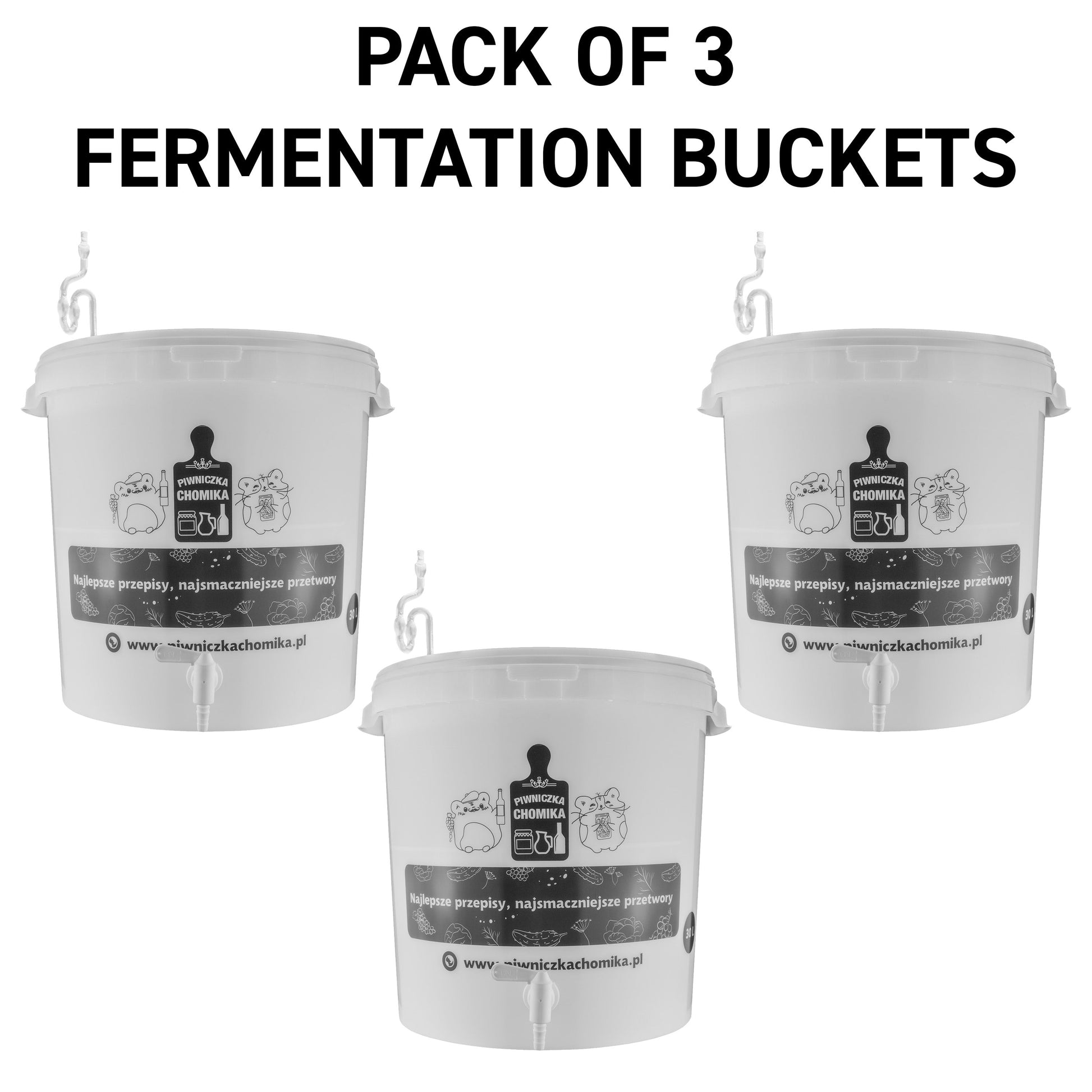 Pack of 3 white fermentation buckets with taps, 30L home brew bucket