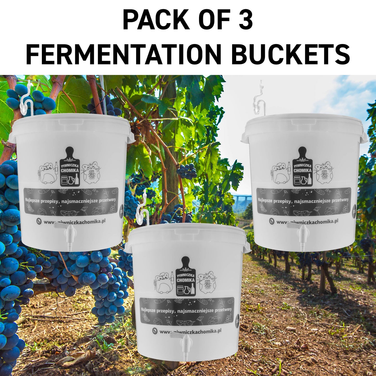Set of 3 fermentation buckets, 30L home brew buckets with tap, white plastic