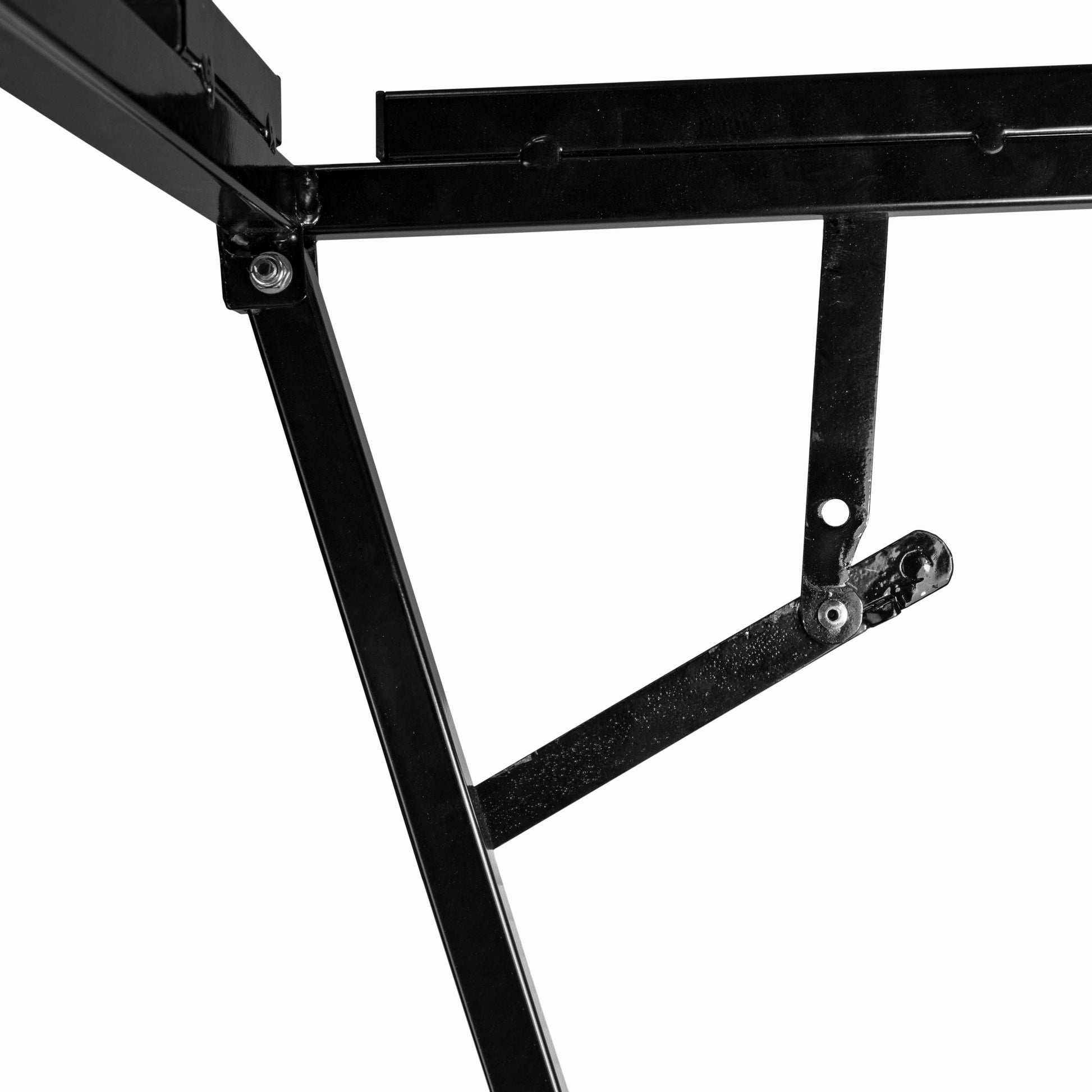 Dog bath stand support bracket and crossbar, black metal frame detail