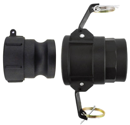 Black camlock fitting with 1.5" Type D cam groove and metal latch rings, 1.5" inlet