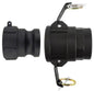 Black camlock fitting with 1.5" Type D cam groove and metal latch rings, 1.5" inlet