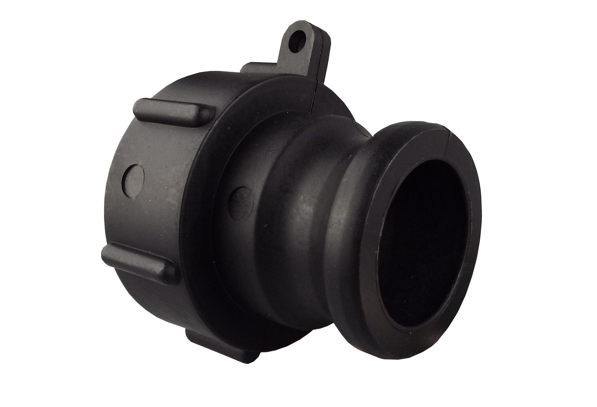 Black camlock male adapter for IBC S60x6, side view with latch tab