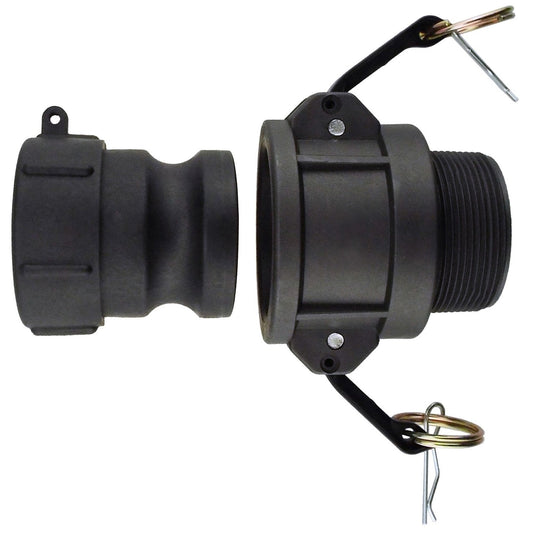 IBC Camlock Fitting S60X6 auf 1" Type B, schwarzes Gehäuse mit Sicherungsbügel