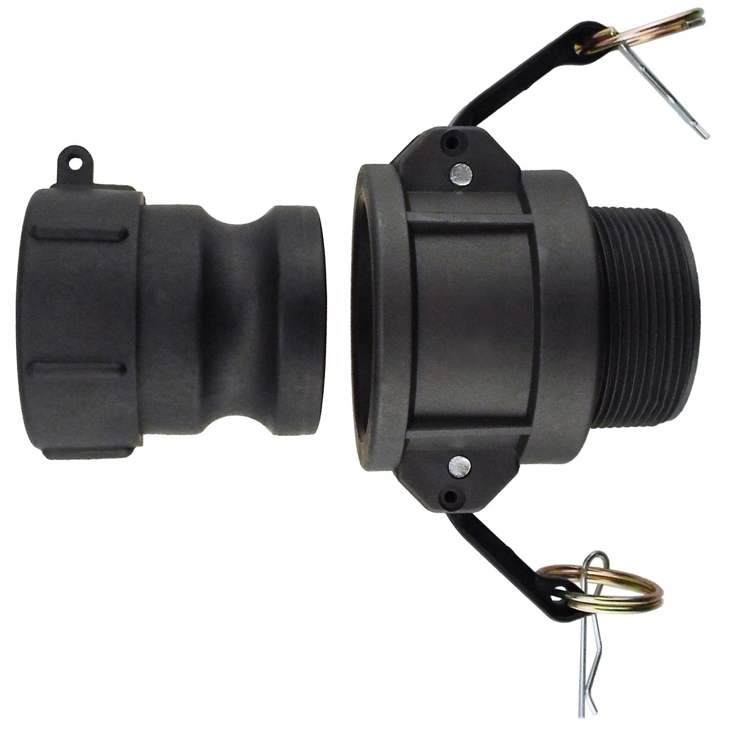 IBC 2” S60X6 to 1.5” camlock fitting, black body with metal latch pin