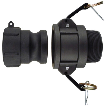 IBC 2” S60X6 to 1.5” camlock fitting, black body with metal latch pin