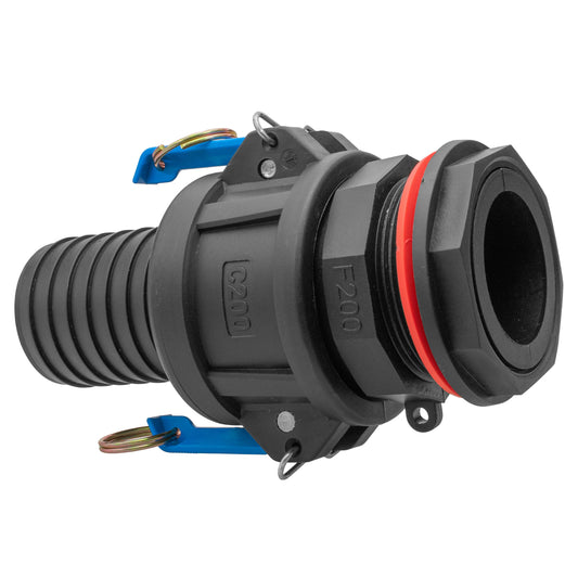 Water butt connector with hose tail, black plastic male fitting and red seal ring