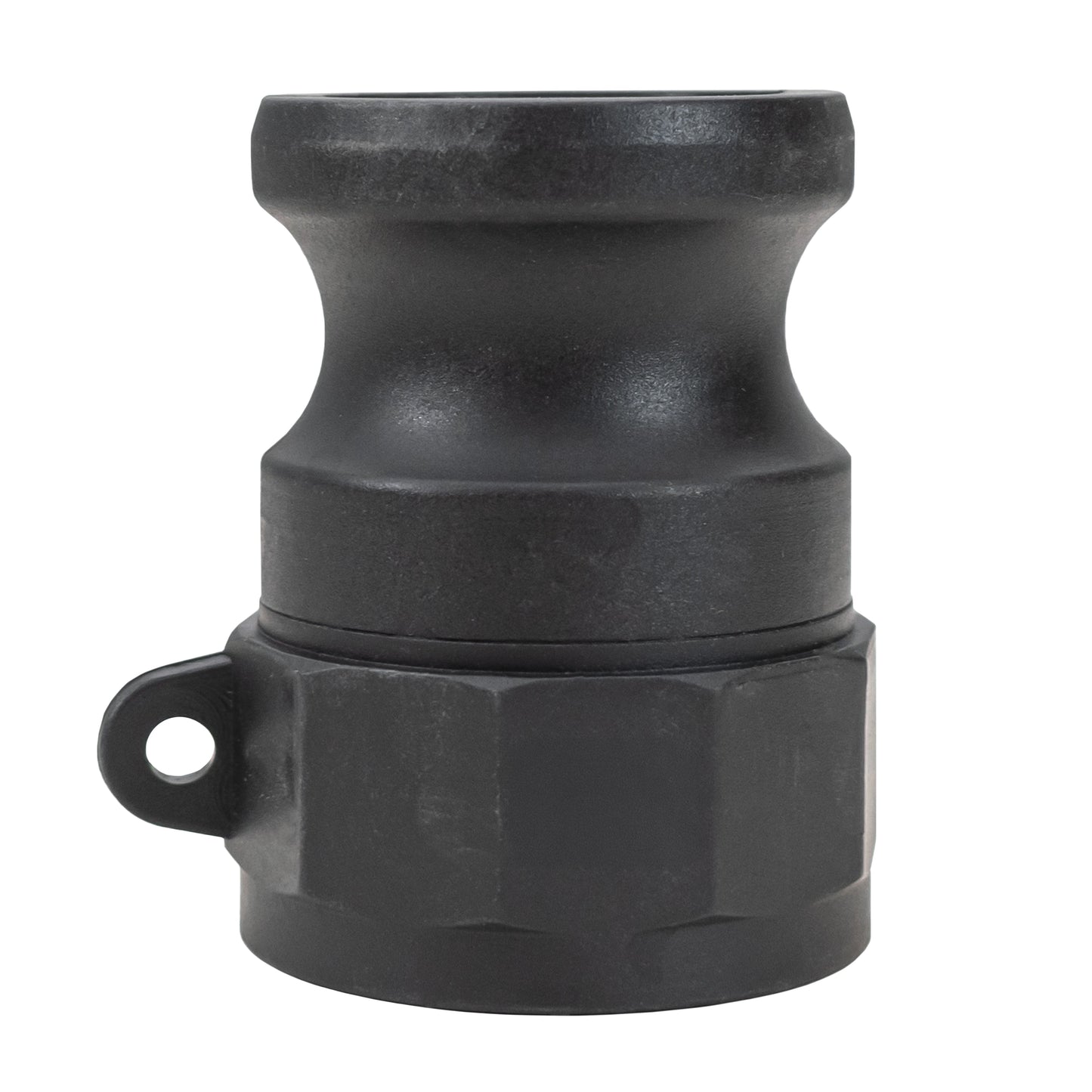 Camlock Type A 1in connector, black, with circular hose coupling and mounting lug