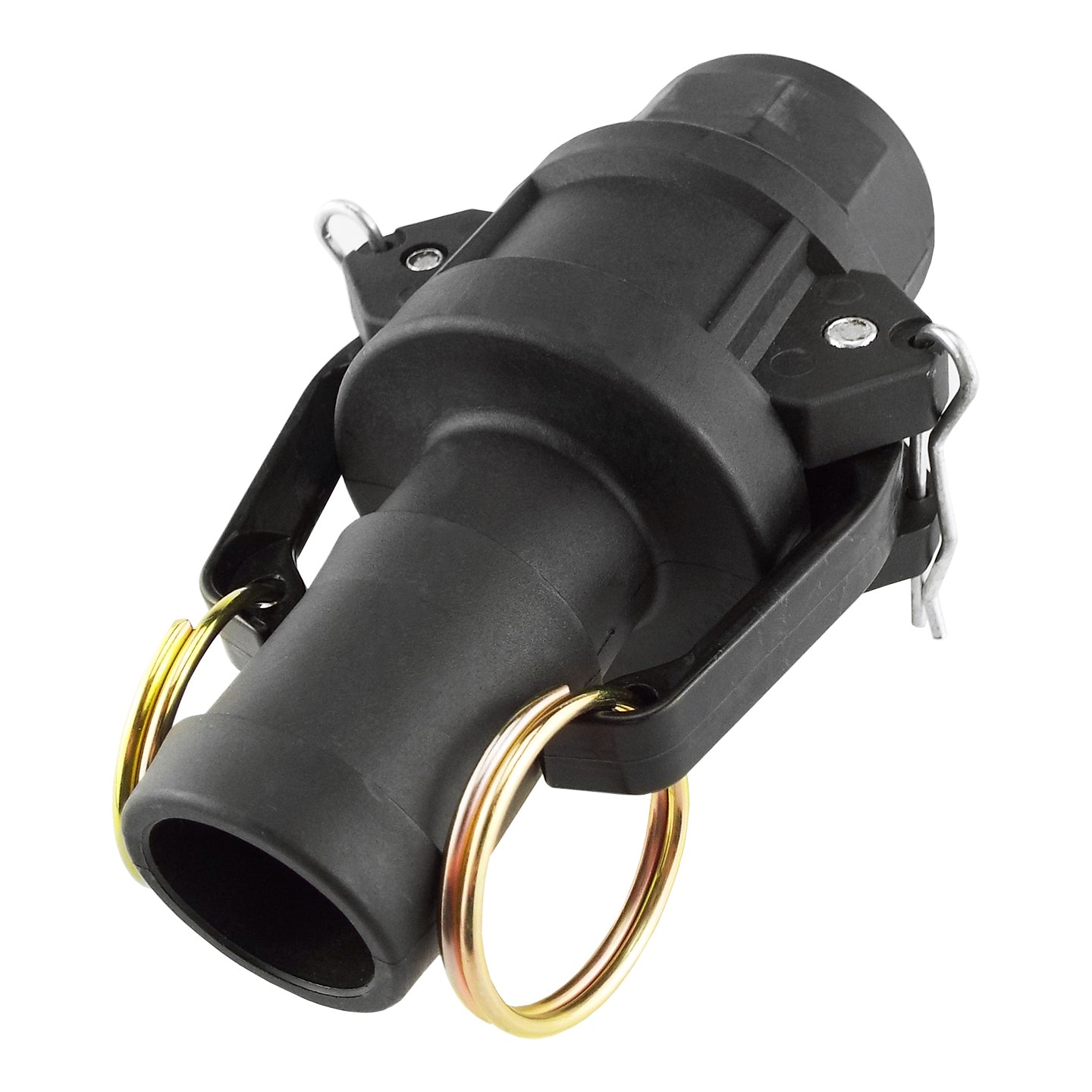 Camlock Type A+C, black coupling body with brass wire loops and metal pins