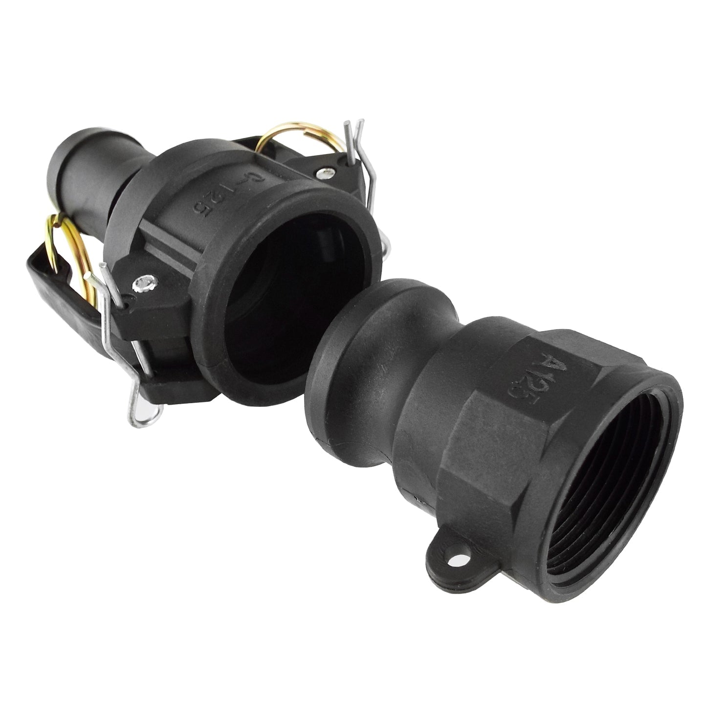 Camlock Type A+C, dual ends: smooth spigot and threaded outlet with fasteners