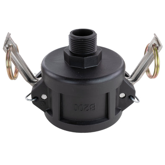 Camlock Type B reducing 2" to 3/4" BSPM adaptor, black body with side springs