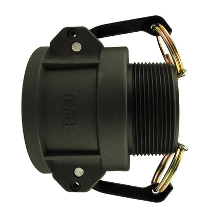 Camlock Type B 1" coupling, close view of black threads and brass loop ring