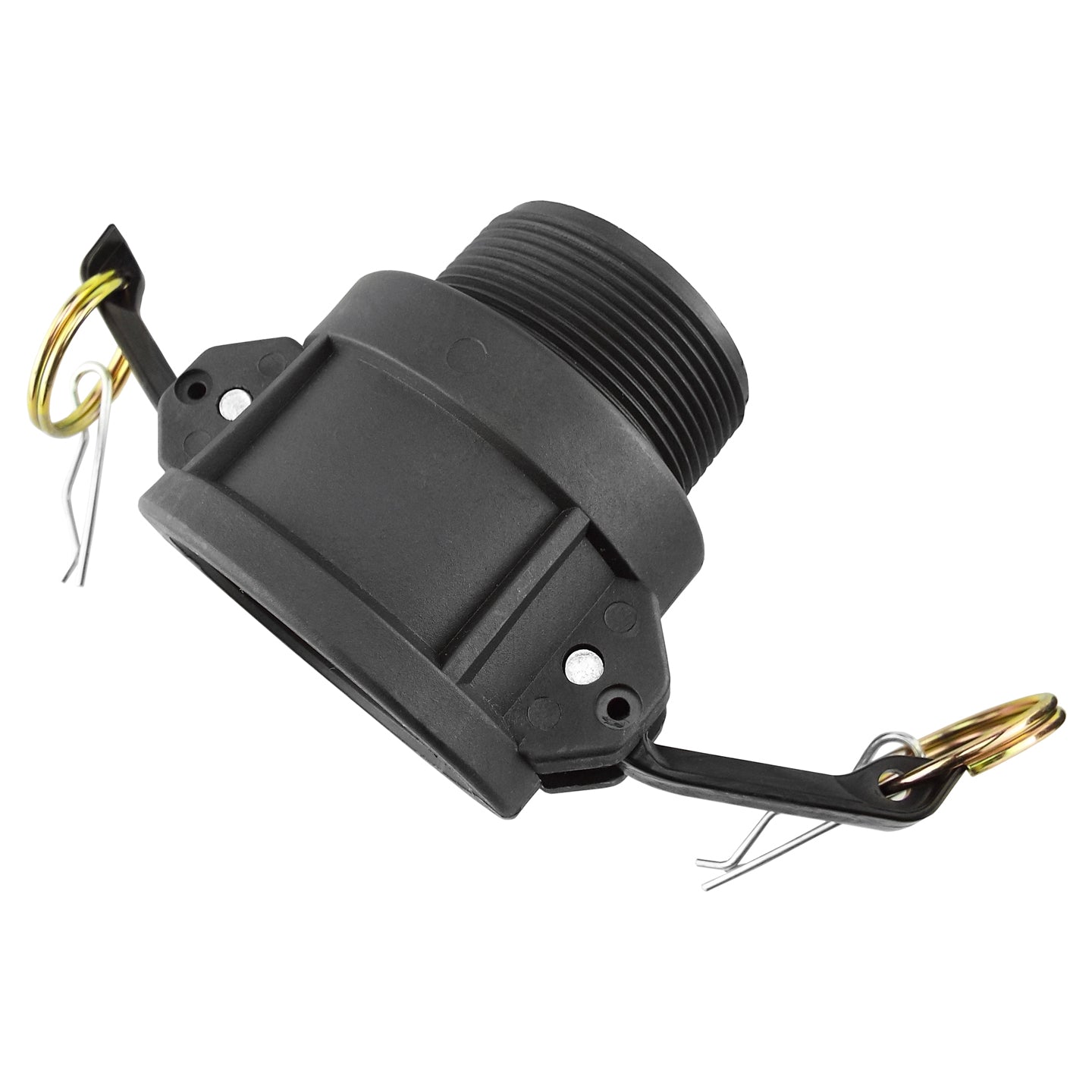 Camlock coupling, black with external threads and gold key ring, angled view