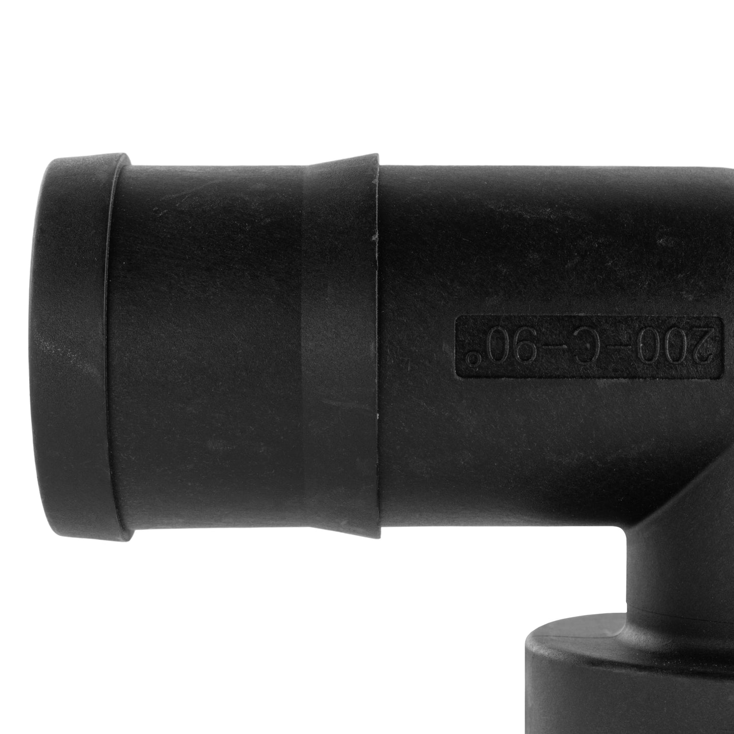 Black 90° female elbow fitting with molded text on the body and barbed ends