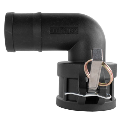 Camlock-style 90° female elbow with metal retention clip and wire loops, black