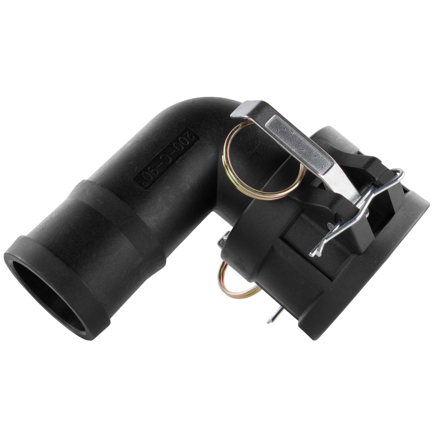 Angled view of black 90° female elbow barb fitting with metal locking clip
